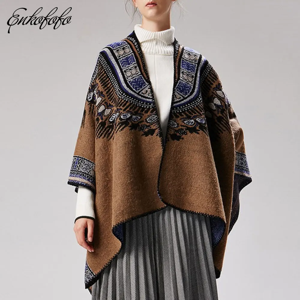 

Reversible Cardigan Women Autumn Winter Cashmere Poncho Coat Vintage Print Designer Female Loose Thick Wrap Shawl Sweater