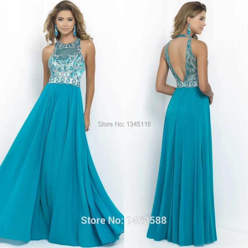 Sexy High Neck Open Back Dark Green Prom Dresses Chiffon Long Beaded
