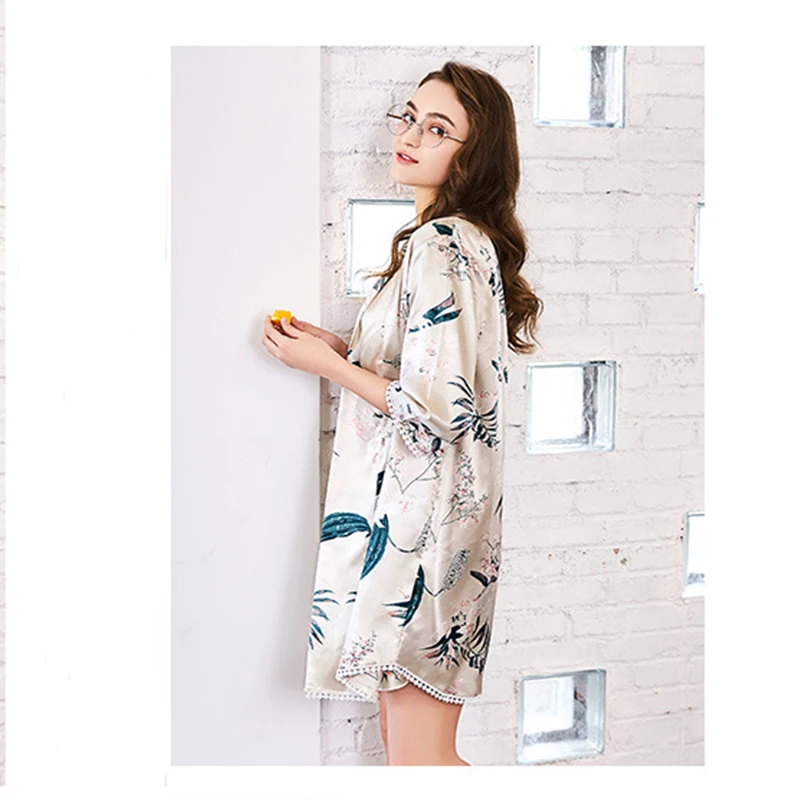 LEECHEEWomen's spring susoenders medium sleeved outer gown silk home set