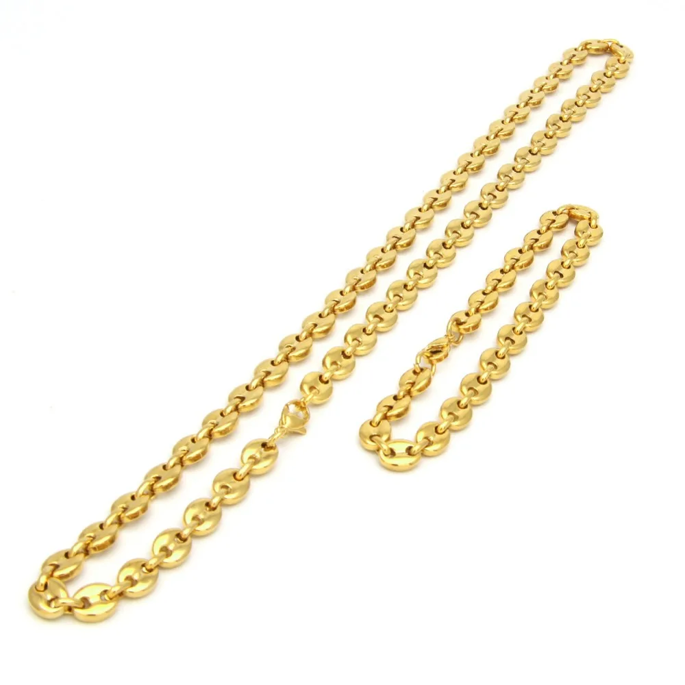 

Men Hip hop Chain Necklace & Bracelets for 1set Stainless Steel coffee bean shape Chains Necklaces Hiphop jewelry gifts
