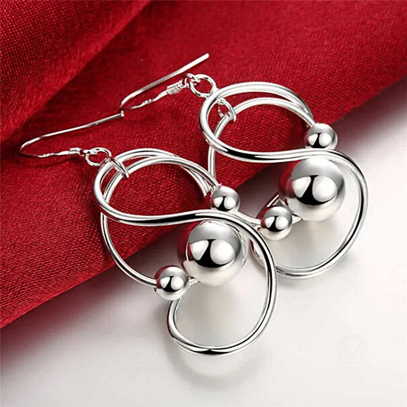 Classic Silver Plated Circle Twisted Dangle Earrings With Balls For Women Girls Twisted Balls Long Drop Earrings