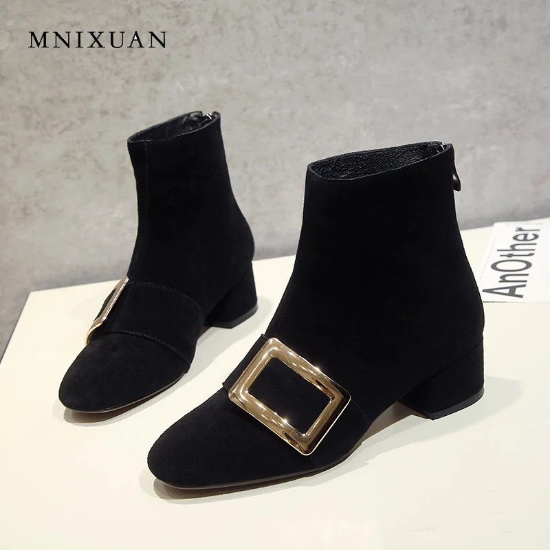 

MNIXUAN women shoes winter short ankle boots 2018 new round toe cow suede leather medium heels metal buckle zipper big size 42