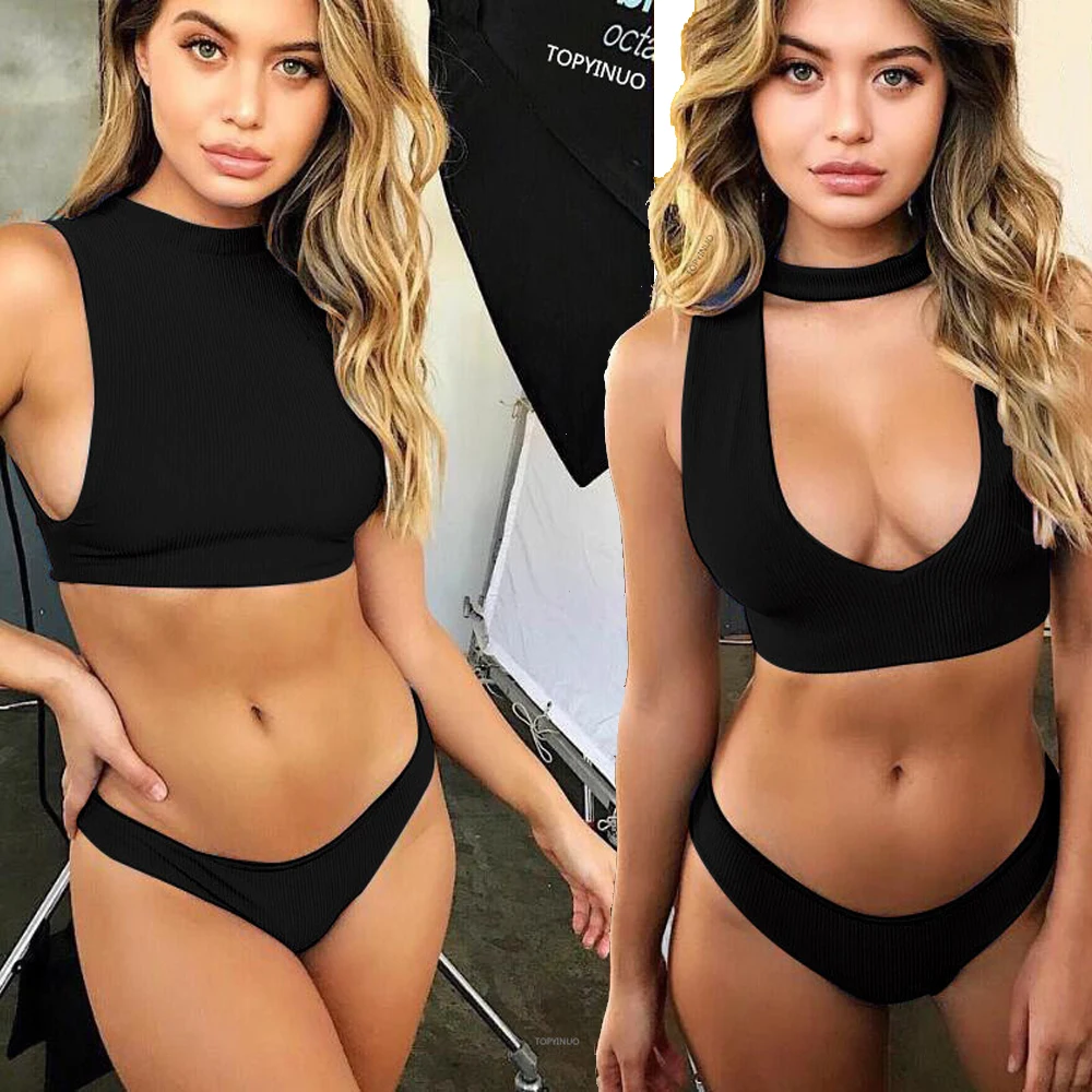 

Sexy V High Neck Bikini 2018 Female Swimsuit Ribbed Swimwear Two pieces Bikini set Sport Bather Bathing Suit Push Up Swim Wear