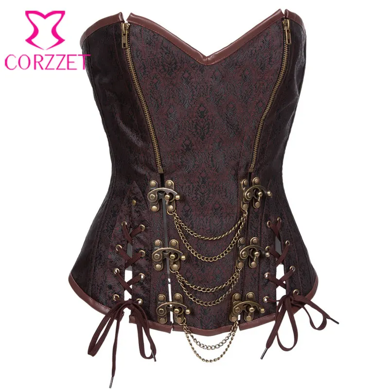 

Women's Vintage Gothic Steampunk Corset Sexy Brocade Steel Boned Overbust Corset Bustier with Chains Waist Cincher Gothic