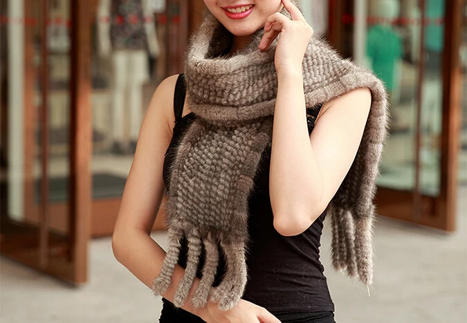 النساء الشتاء المنك الحقيقي الفراء وشاح نوعية جيدة محبوك التفاف الرأس الرقبة أدفأ المعطف الفراء شال حقيقي المنك الفراء وشاح KFP602