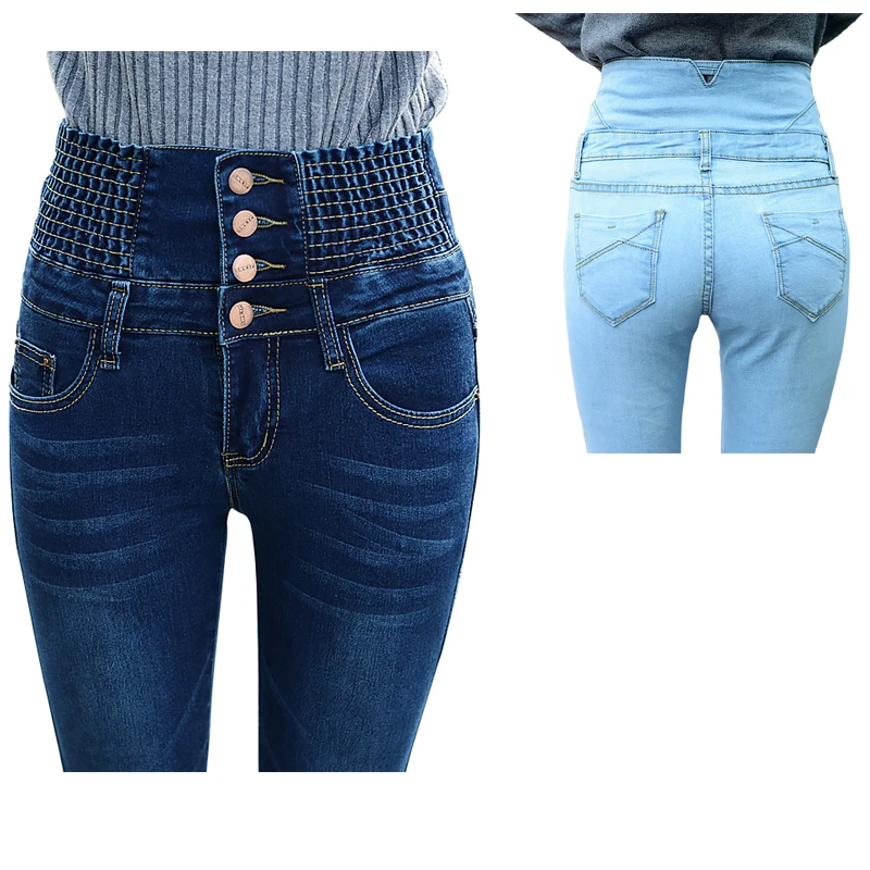 2016 High waist jeans Women Jeans black full long pants stretch pull 4