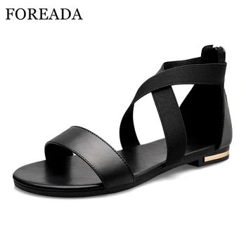 

FOREADA Summer Shoes Women Sandals Natural Genuine Leather Flat Shoes Zipper Cross-tied Casual Sandals Ladies Plus Size 33-46 12