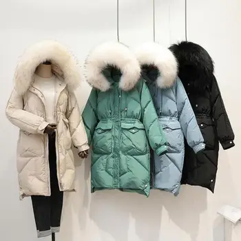 

2019 New Arrival Mediu Long Duck Down Jacket Women Zipper Slim Thick Warm Outerwear Ladies Real Fur Collar White Duck Down Coats