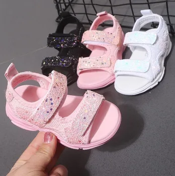 

2019 Kids Summer Sandals With Sequins New Girls Princess Beach Shoes Fashion Boys Mesh Sports Sandal Black Pink White EU 21-30