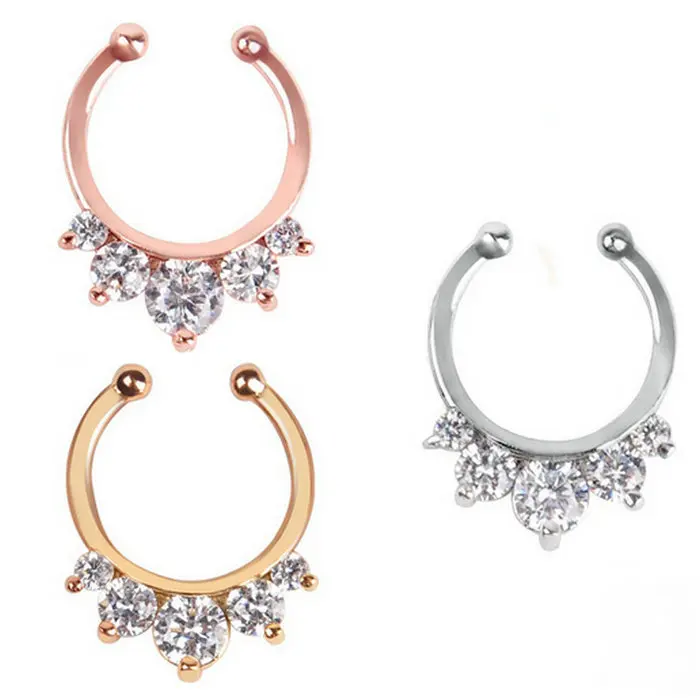 

2019 Hot Selling Cheap Sale New Arrive Fake Septum Clicker Nose Ring Rhinestone Non Piercing Clip On Jewelry Men 3 colors