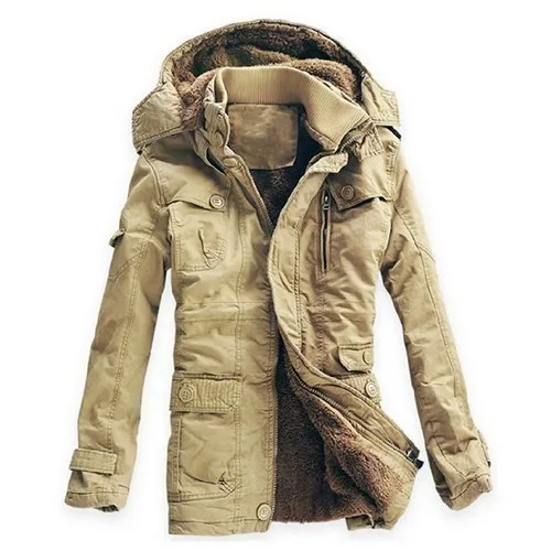 Мужская зимняя куртка, теплое пальто, парка для мужчин, утолщенная Повседневная хлопковая стеганая дышащая куртка с капюшоном, верхняя одежда, топы, вельветовое длинное пальто, Новинка - Цвет: Хаки