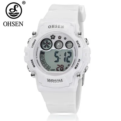 OHSEN модные часы для мальчиков, детские наручные часы, спортивные часы с будильником, унисекс, для мальчиков, силиконовый ремешок, оранжевые цифровые наручные часы с ЖК-дисплеем, Relojes - Цвет: White