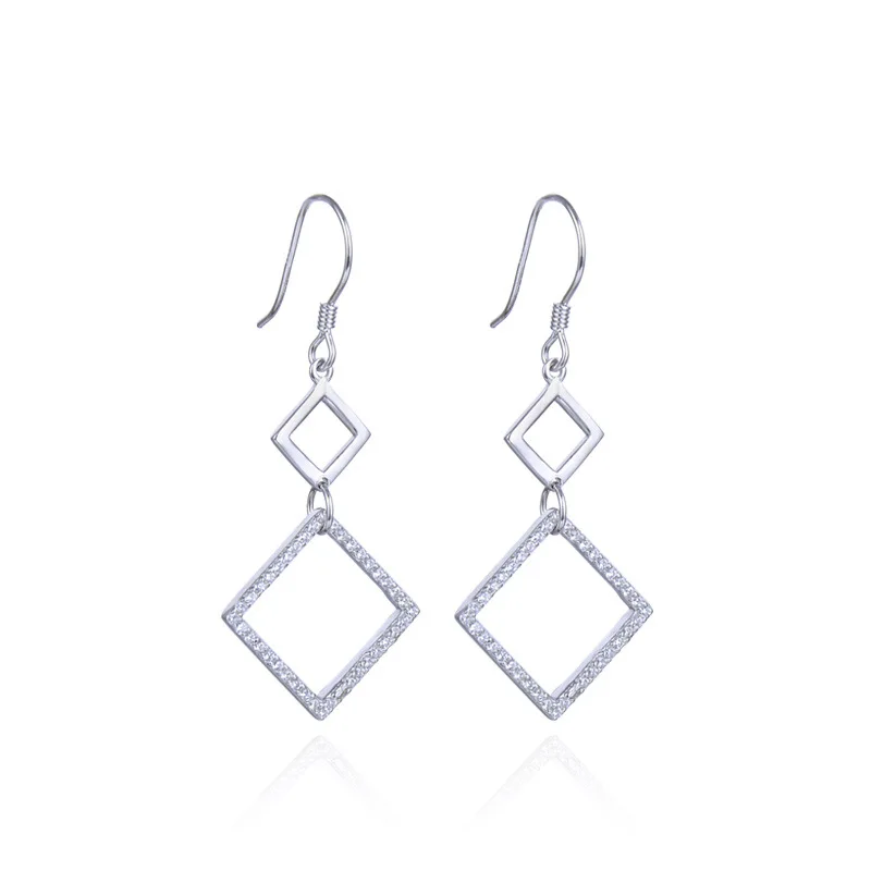 

YJAR001978 European and American Fashion S925 Sterling Silver Jewelry Women Geometric Ear Hook Zircon Square Dangle Earrings