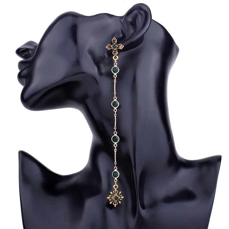 

Retro Fashion Cross Green Crystal Long Earrings Retro Round Beads Star Pendant Earrings Simple Pop Earrings Jewelry