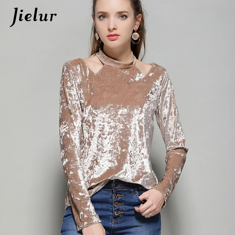 

2019 Autumn New Turtleneck Gold Velvet T-shirts Women Hollow Out Collar Sexy Female T-shirt Slim Elegant Lady Long Sleeve Tops
