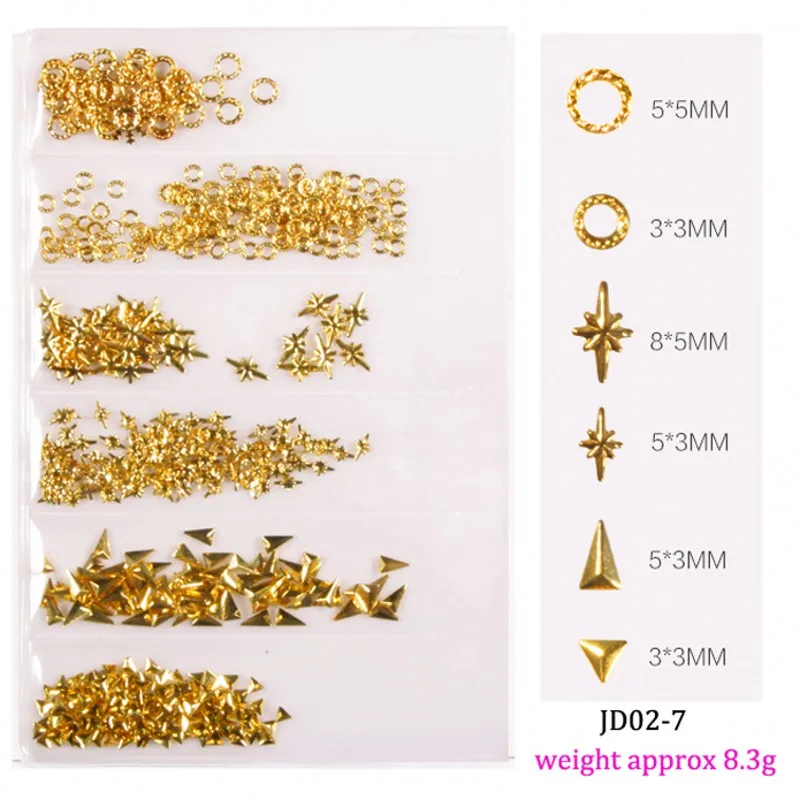 

6 Grid/Pack Mixed Nail Art Metal Frame Hollow Gold Rivet Decorations 3-9mm Manicure Accessories DIY Shell Nails Studs 2022 New