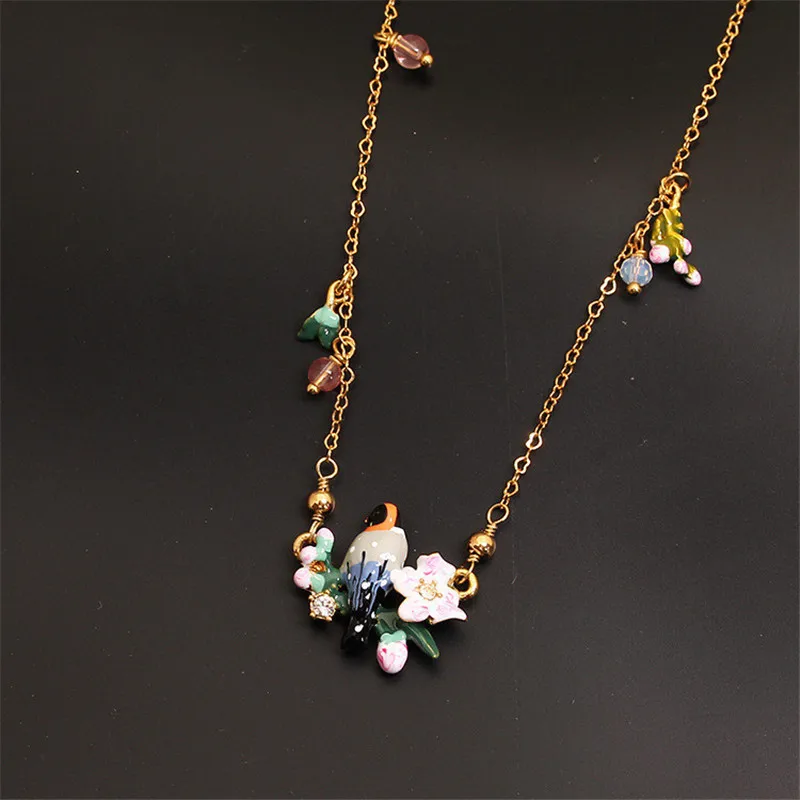 

Wamhome Trendy Jewelry Enamel Glaze Copper Romantic Cherry Blossoms Flower Bird For Women Necklaces