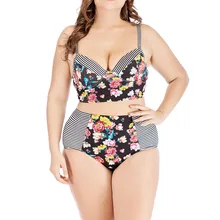 Для женщин на петельках с принтом комплект Высокая талия купальный костюм; купальник с пуш-ап Пляжная одежда плюс FE1