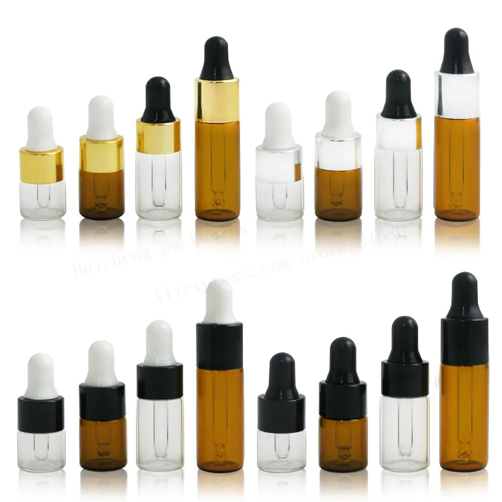 100x1ml 2ml 3ml 5ml 미니 투명 유리 E-액체 점 적기 병 앰버 브라운 소형 휴대용 아로마 테라피 에센셜 오일 바이알