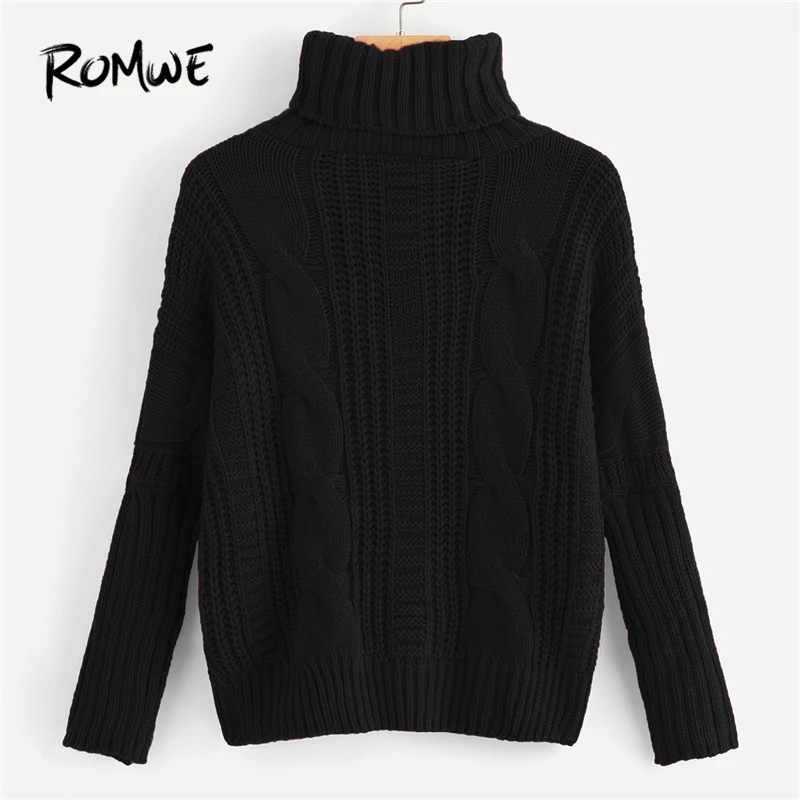 ROMWE Black Solid Cable Knit High Neck Womens Sweater 2018
