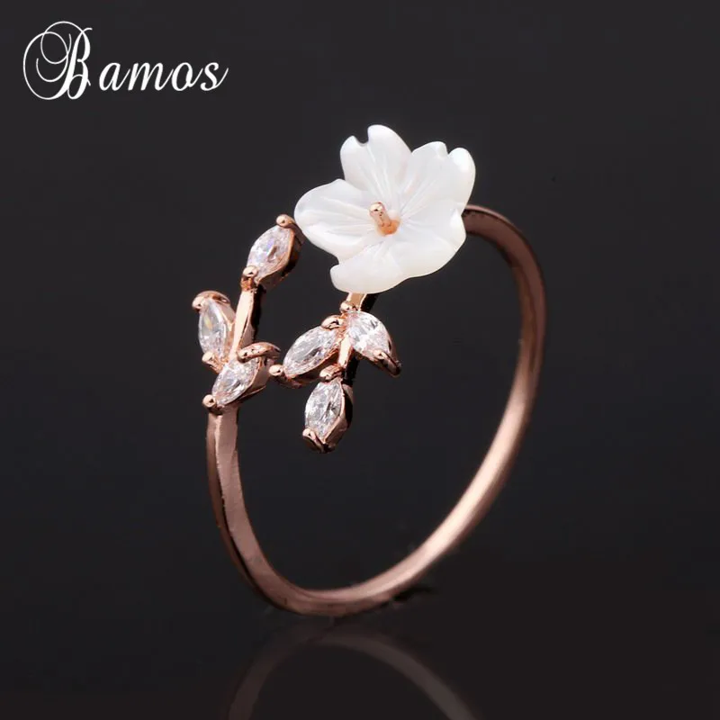 

Bamos Simple Shell Flower Open Ring White Cubic Zirconia Leaf Finger Ring Rose Gold Color Wedding Party Jewelry Accessories