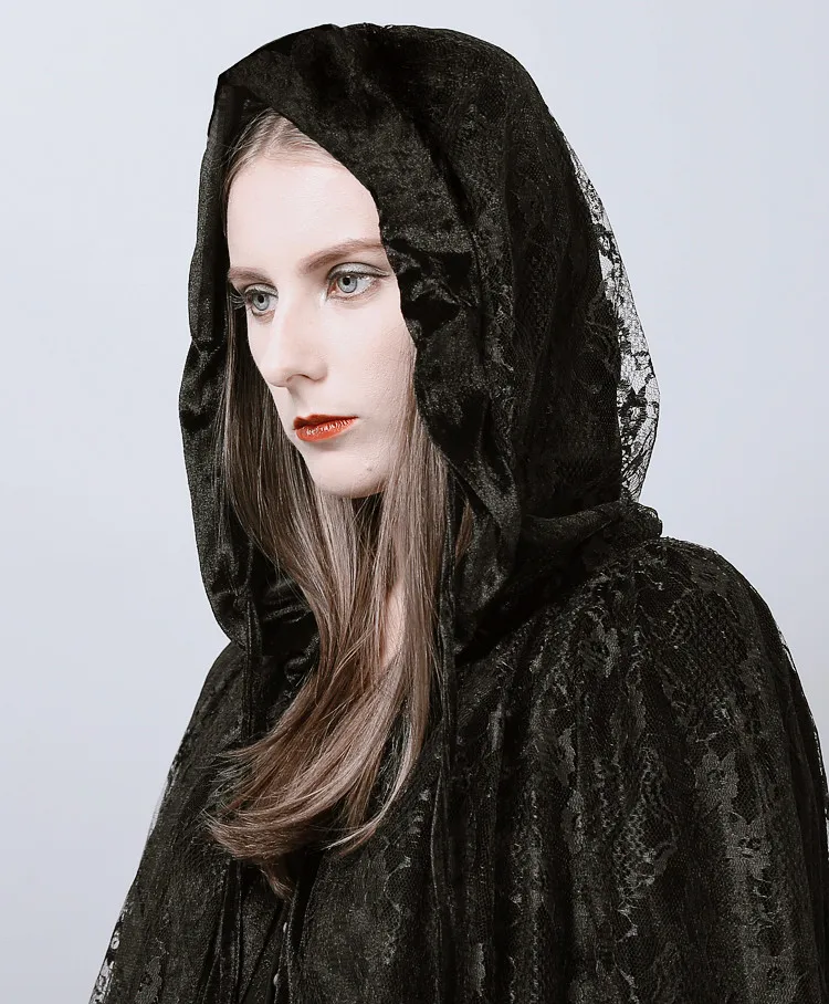 Женский кружевной длинный плащ в стиле панк, готика, накидка ведьмы с длинным рукавом, черная верхняя одежда с капюшоном, костюм на Хэллоуин