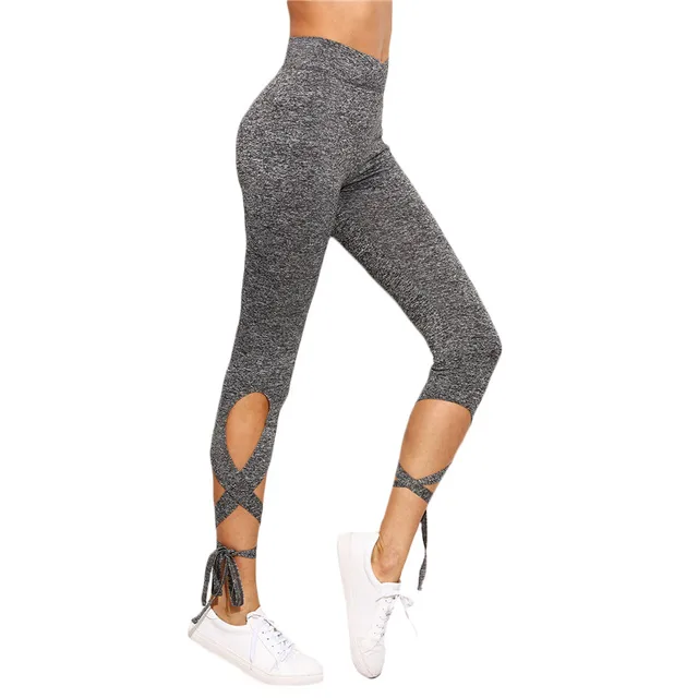 2018 Summer New Arrival Gray Bandage Cross Leggings Women High Waist Sporting Pants Fitness Gymming Lady Capris 2