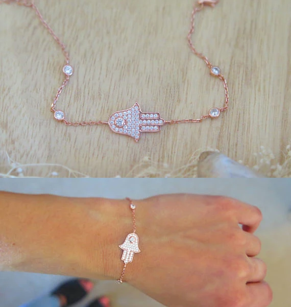 

2017 fashion fine jewelry Clear AAA cubic zirconia cz hamsa hand charm connector rose gold color cz station fatima hand bracelet