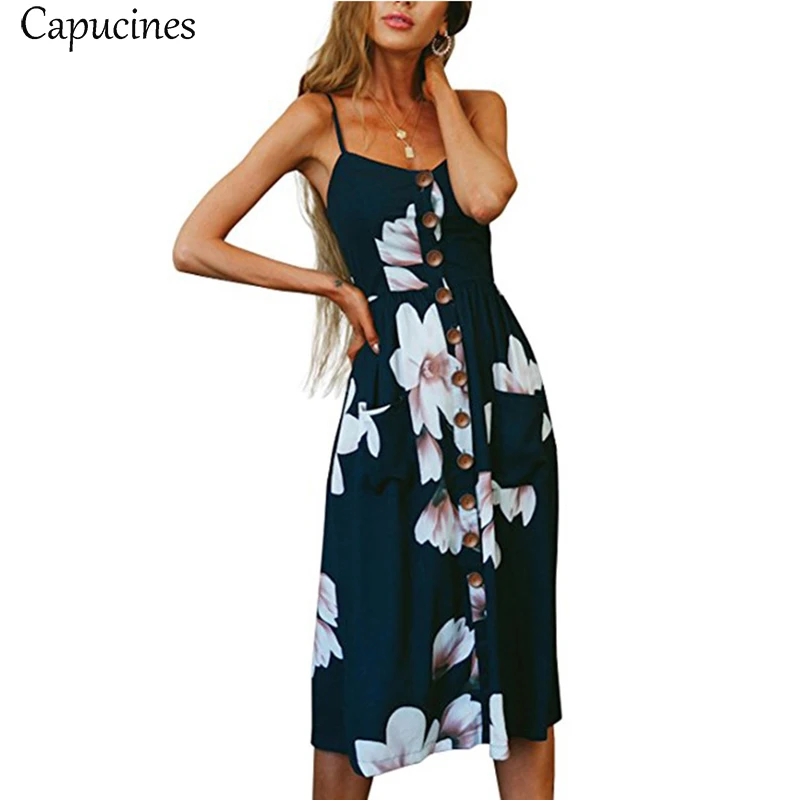 

Vintage Button Summer Dress Floral Print V Neck Women Long Dresses Boho Casual Beach Style Backless Sexy Strap Sundress