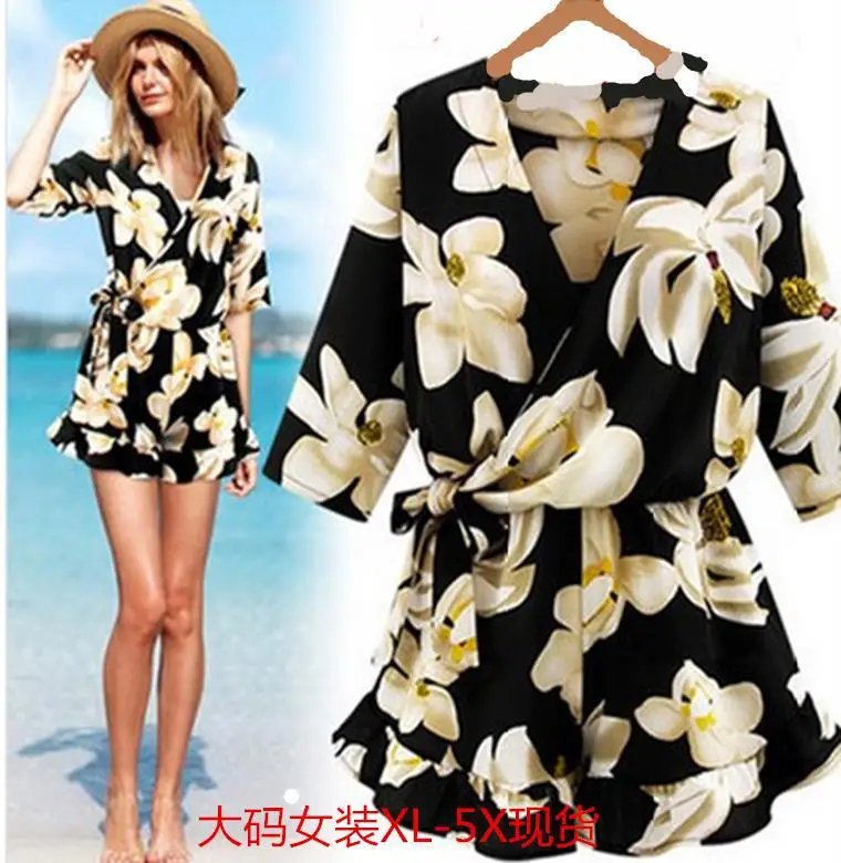 

2017 Europe and the United States large size women new fat catty chiffon palysuits