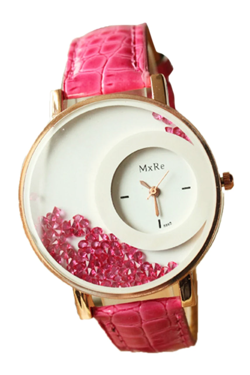 MXRE Women's Rhinestones Faux Leather Wrist Watch Pinkin Quartz