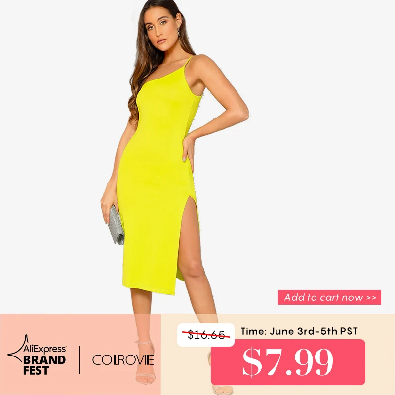 

COLROVIE Neon Yellow Split Side One Shoulder Sexy Cami Summer Dress Women 2019 Sleeveless Sheath Vestidos Ladies Long Dresses