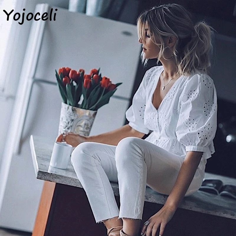 Женская блузка с вышивкой Yojoceli хлопковая v образным вырезом и пуговицами на лето