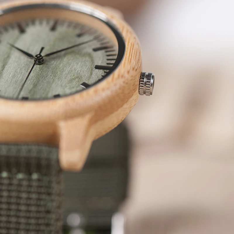 BOBO BIRD D11 Bamboo Wood Watches for Women Men Brand Design Green Nylon Straps Watch Drop Shipping in Box