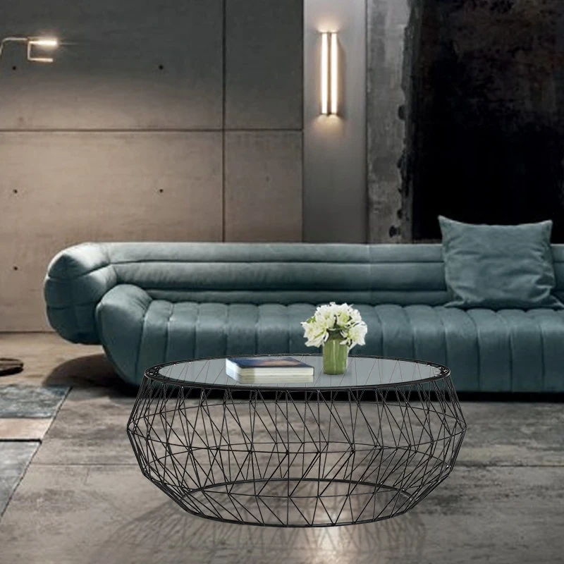 North European Living Room Creative Tea Table Modern Simple Tempered Glass Tea Table Round Metal Black Furnishing Decoration