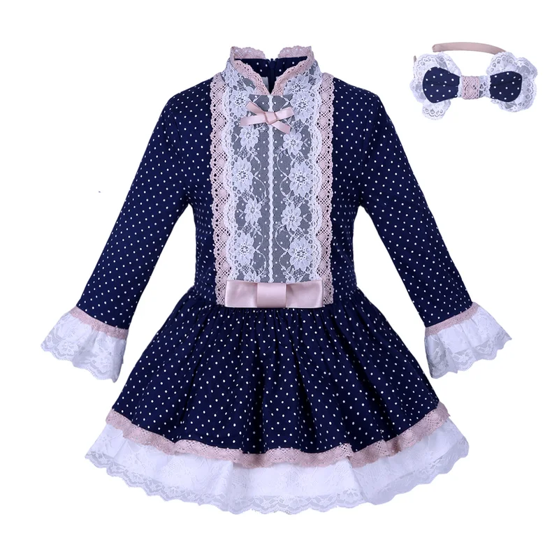 

Pettigirl Navy Girls Dress With Lace Sash Polka Dots Dresses Vintage Boutique Spring Autumn Children Clothing girls dress