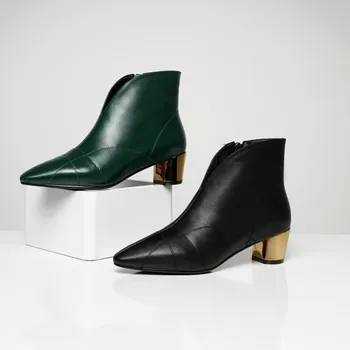 

GPOKHDS 2019 women ankle boots soft Cow leather winter short plush Rome style green color pointed toe high heels boots size 43