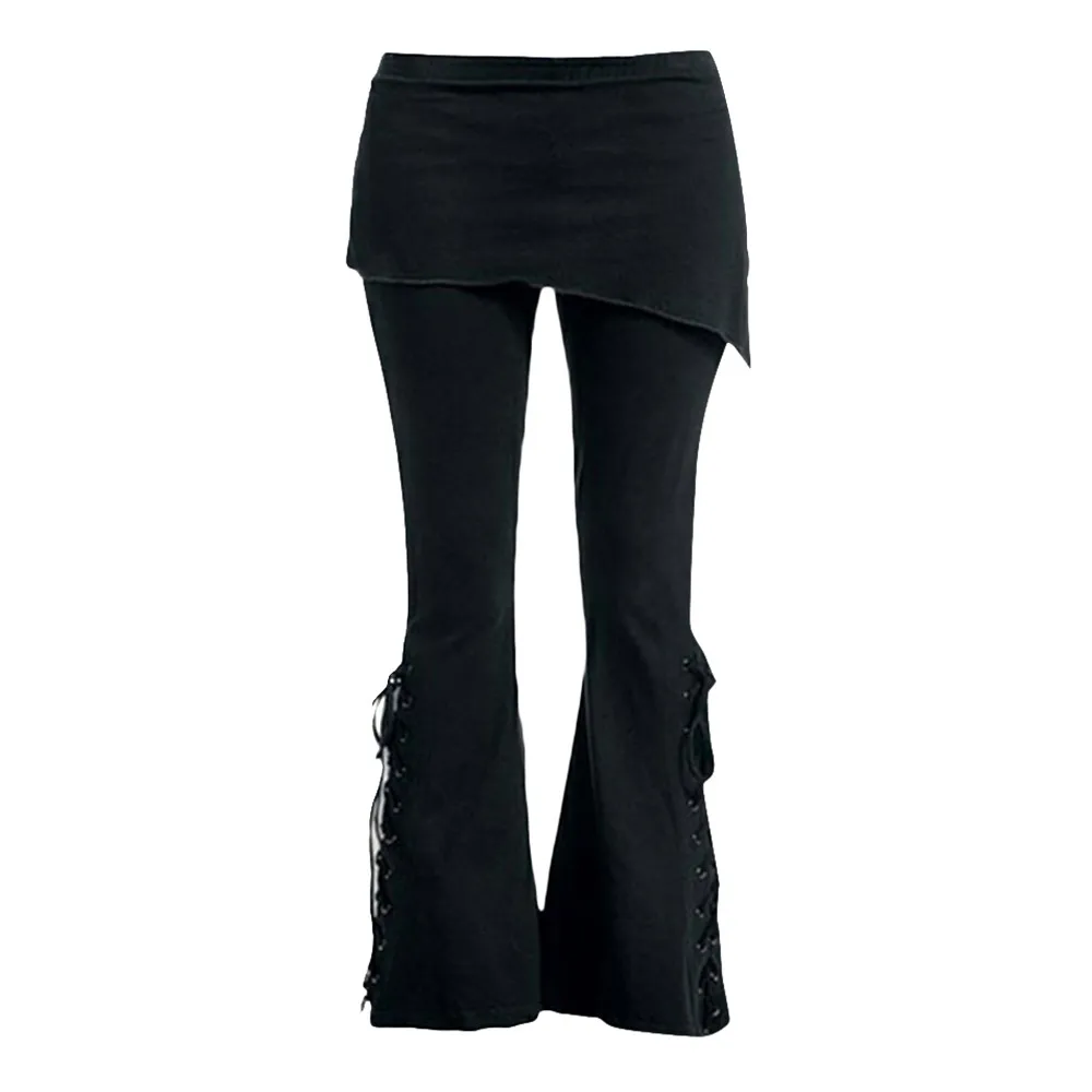 Свободные брюки-клеш Женские черные вышитые повседневные бандажные клеш панк со шнуровкой брюки с эластичной талией