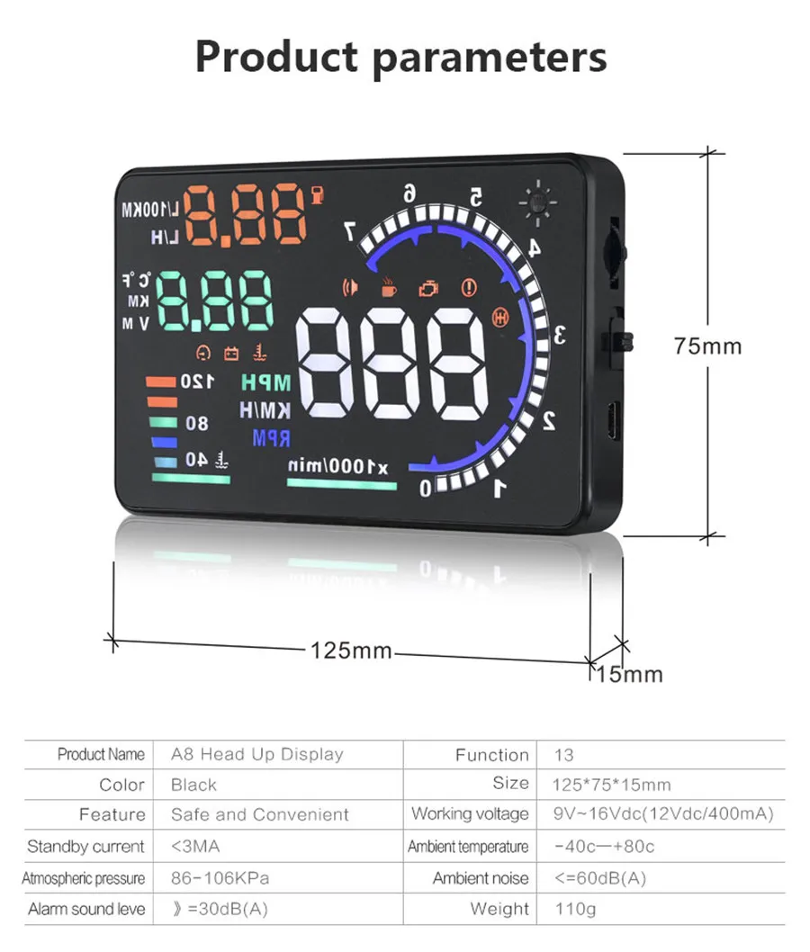 5,5 ''HUD Автомобильный дисплей с высокой скоростью HD цифровой проектор Черный ABS+ PC Автомобильный общий дисплей система сигнализации A8