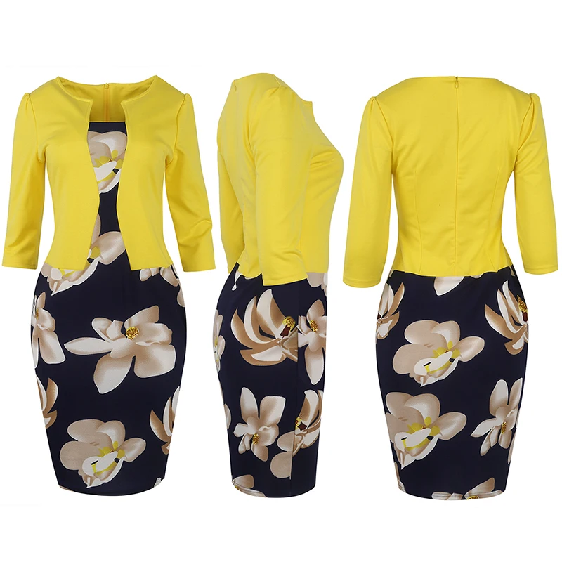 yellow Floral Print Elegant Pencil Dress 