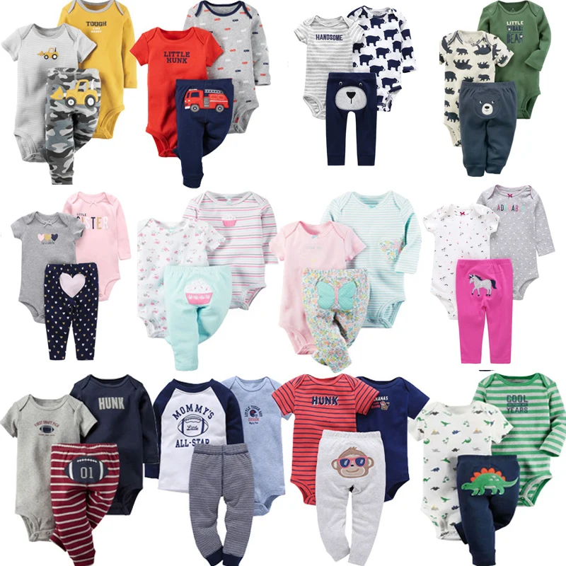 

3PCS Newborn Infant Toddler Baby Boy Girl Clothes Set Cartoon Floral Stripe Long sleeve bodysuit+Short Sleeve jumpsuits+Pants