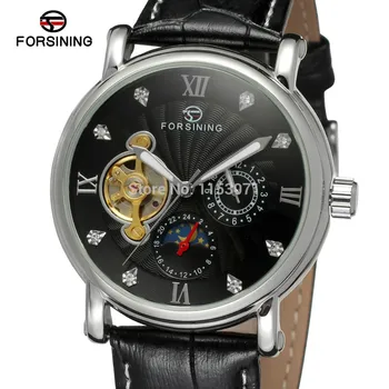 

NEW ARRIVE! FORSINING FSG800M3S10 silver color case black dial with stones black genuine leather strap free shipping