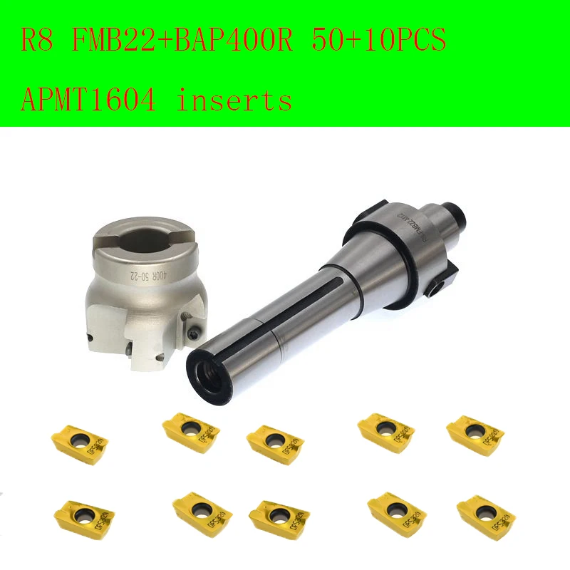 

DGAMDJ 1pc 50mm 400R Face End Mill Cutter + R8 FMB22 7/16 Arbor + 10pcs APMT1604 Carbide Inserts