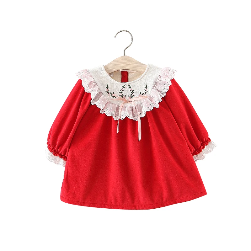 

Baby Girls Warm Dress Top For Newborn Winter Autumn 1 year Clothes Red Thick Kids princess shirt Toddler embroidery lace dresses