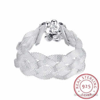 

LEKANI 21cm Mesh Cross bracelets 2.5cm Big width twist bangles Fine Jewelry 925 sterling silver bangles Pulseira de Prata