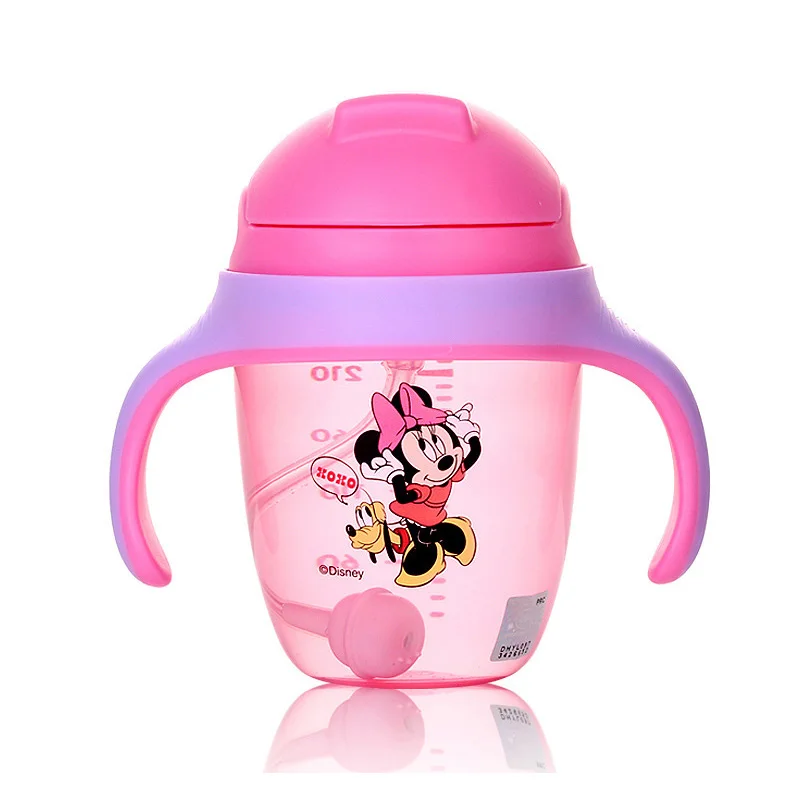 Disney чашки 240-300 мл для обучения питью, чашка милый мультяшный Микки Мышь ребенка соломы Кормление бутылка с ручкой подарки на день рождения - Цвет: Minnie 240ml