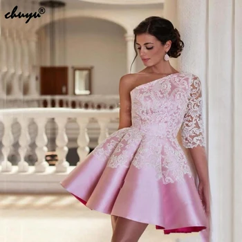 

One-shoulder Pink 2019 Homecoming Dresses A-line Half Sleeves Short Mini Satin Lace Elegant Cocktail Dresses