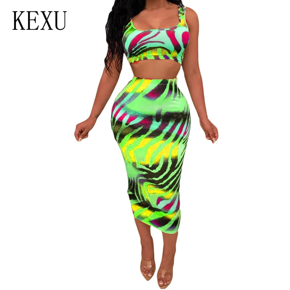 

KEXU Plus Size XXL Tie Dyed Printed Two Pieces Sets Slim Dress Summer Bodycon Bandage Sleeveless Hollow Out Dress for Women