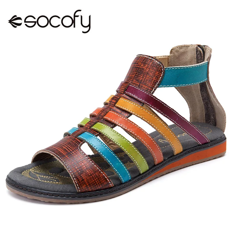 

Socofy Vintage Gladiator Sandals Women Shoes Genuine Leather Zipper Striped Falt Heel Casual Beach Sandals Egyptian Style Flats