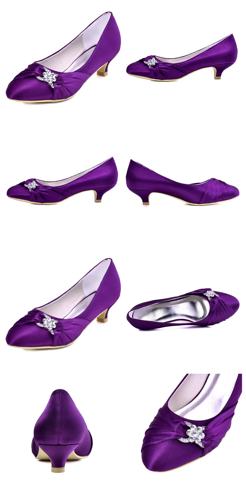 EP2006L женская обувь фиолетовые Свадебные туфли вечерние на низком каблуке; удобные женские туфли-лодочки с вытянутым носком, Мэри Джейн атласные свадебные туфли со стразами